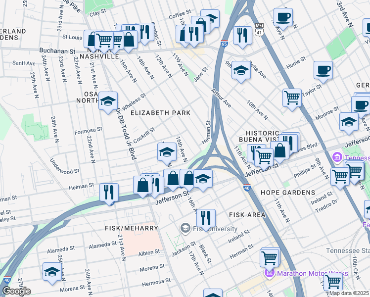 map of restaurants, bars, coffee shops, grocery stores, and more near 1511A 14th Avenue in Nashville