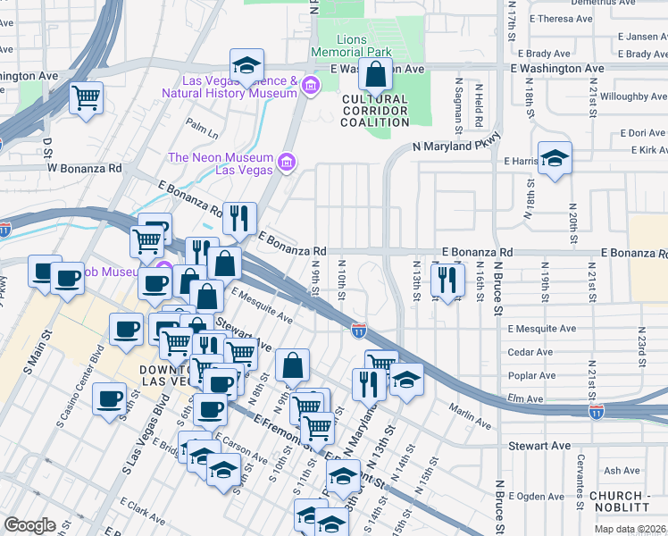 map of restaurants, bars, coffee shops, grocery stores, and more near 521 North 10th Street in Las Vegas