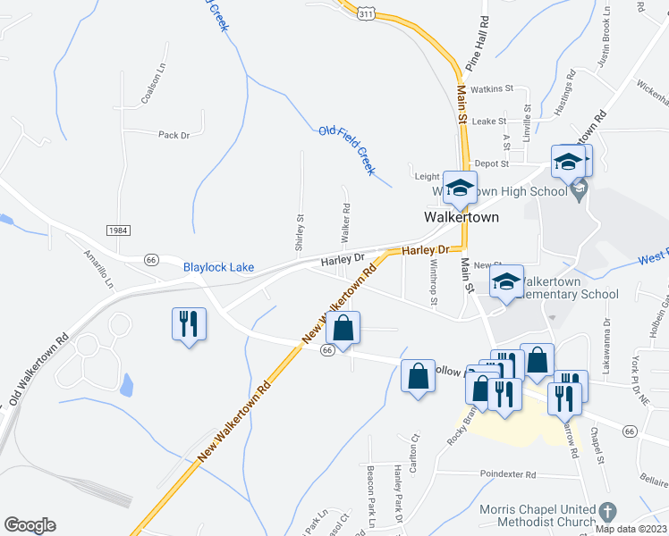 map of restaurants, bars, coffee shops, grocery stores, and more near 5063 Friendly Road in Walkertown