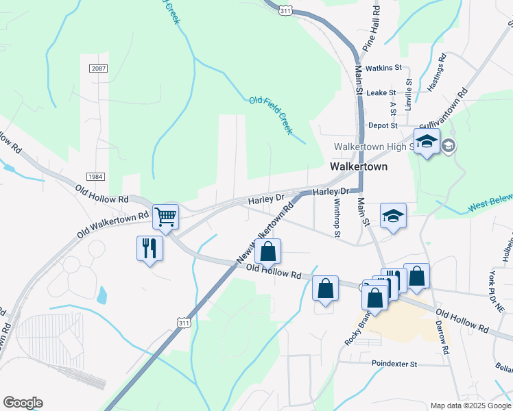 map of restaurants, bars, coffee shops, grocery stores, and more near 4990 Harley Drive in Walkertown