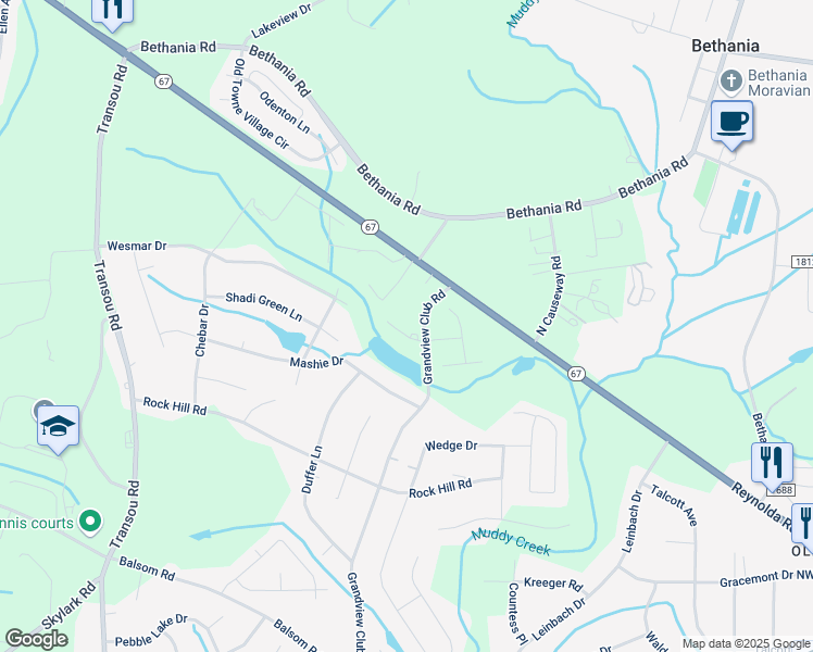 map of restaurants, bars, coffee shops, grocery stores, and more near 3820 Grandview Club Road in Pfafftown