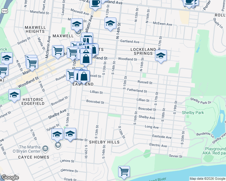 map of restaurants, bars, coffee shops, grocery stores, and more near 1311 Fatherland Street in Nashville