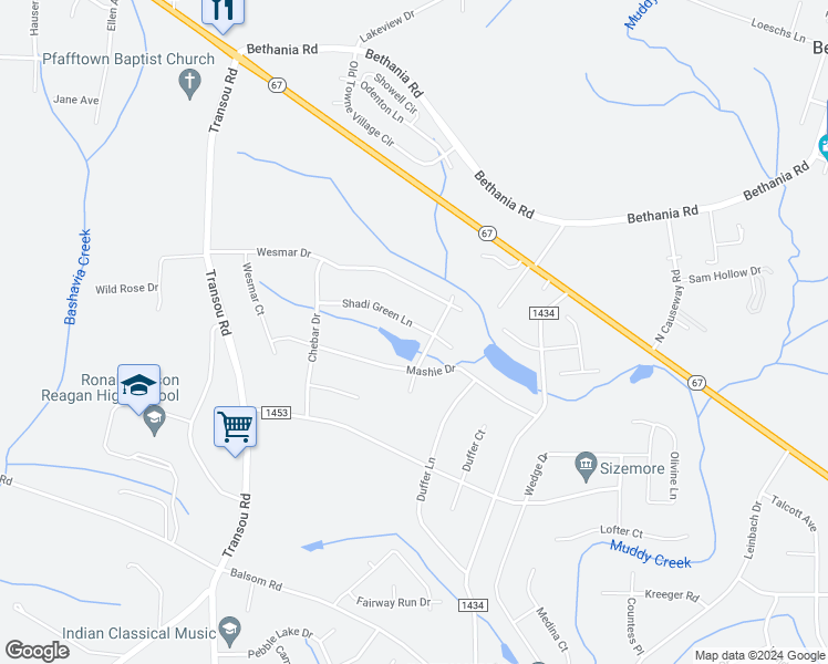 map of restaurants, bars, coffee shops, grocery stores, and more near 4312 Shadi Green Lane in Pfafftown