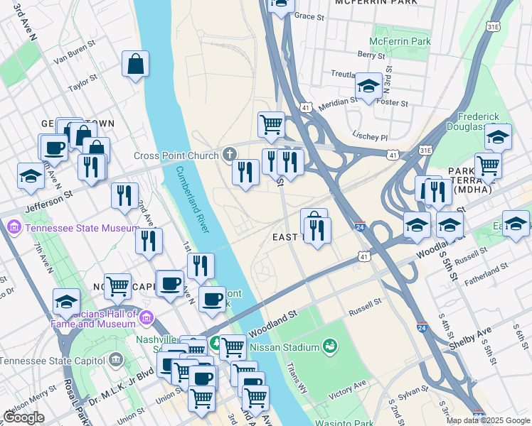 map of restaurants, bars, coffee shops, grocery stores, and more near 186 North 1st Street in Nashville