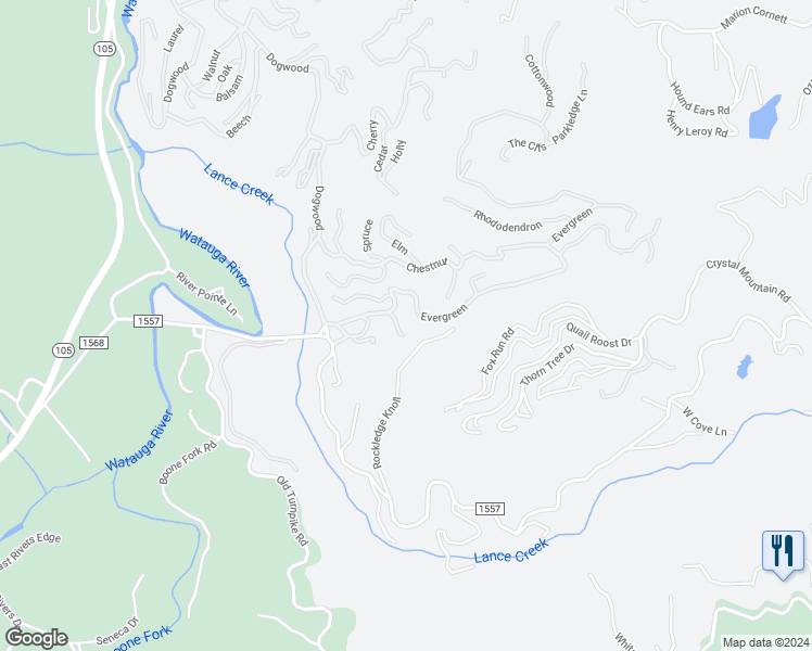map of restaurants, bars, coffee shops, grocery stores, and more near 127 Fir Lane in Boone