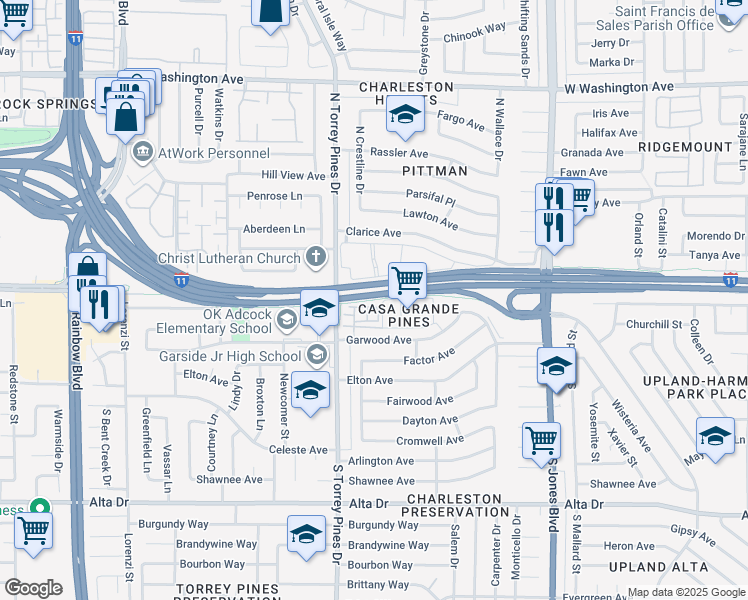 map of restaurants, bars, coffee shops, grocery stores, and more near Bonanza Trail in Las Vegas