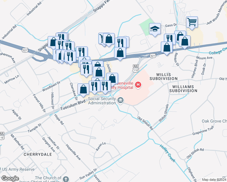 map of restaurants, bars, coffee shops, grocery stores, and more near Highway 107 in Greeneville