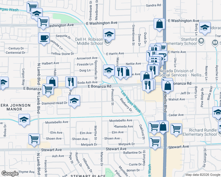 map of restaurants, bars, coffee shops, grocery stores, and more near 4802 Osborn Court in Las Vegas