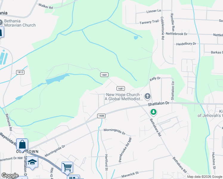 map of restaurants, bars, coffee shops, grocery stores, and more near 2860 Bethabara Road in Winston-Salem