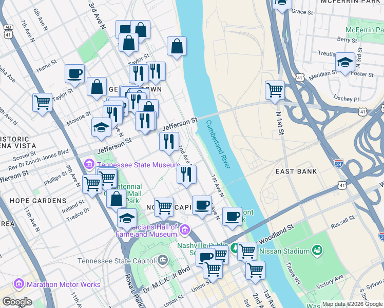 map of restaurants, bars, coffee shops, grocery stores, and more near 912 2nd Avenue North in Nashville