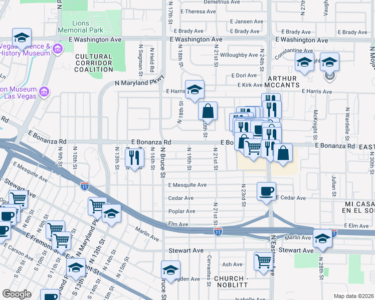 map of restaurants, bars, coffee shops, grocery stores, and more near 513 North 19th Street in Las Vegas