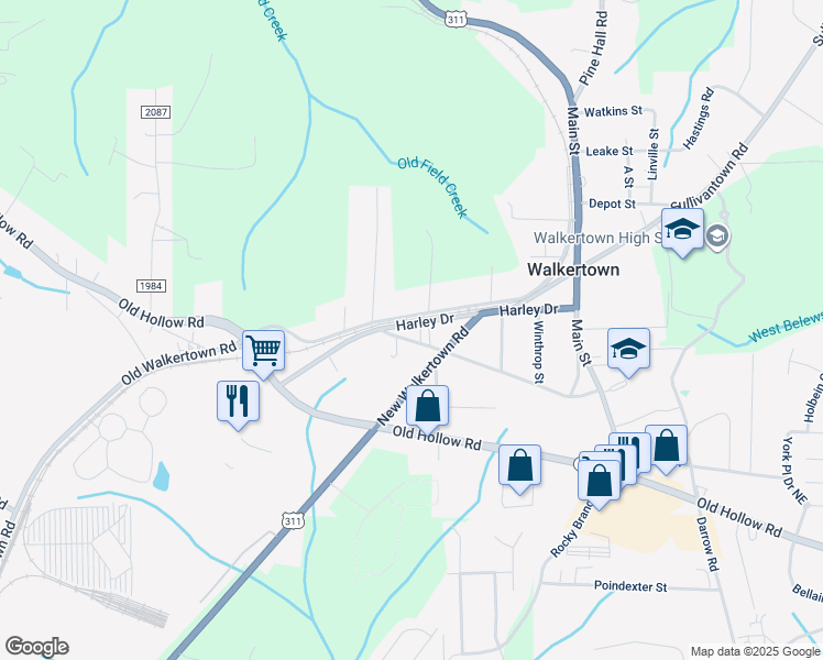 map of restaurants, bars, coffee shops, grocery stores, and more near 4990 Harley Drive in Walkertown