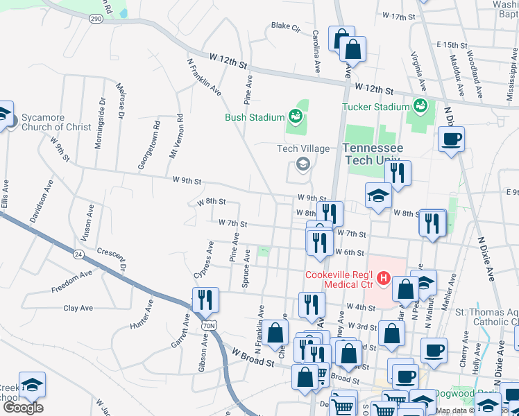 map of restaurants, bars, coffee shops, grocery stores, and more near 494 West 9th Street in Cookeville