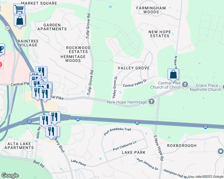 map of restaurants, bars, coffee shops, grocery stores, and more near 4241 Valley Grove Drive in Nashville