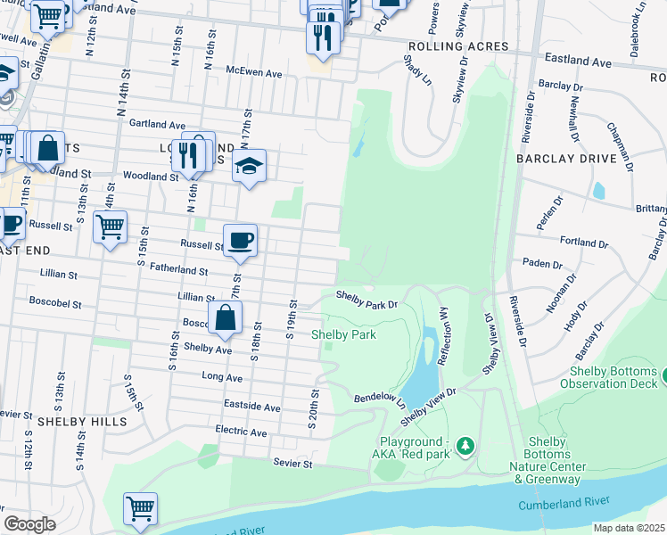 map of restaurants, bars, coffee shops, grocery stores, and more near 2005 Russell Street in Nashville