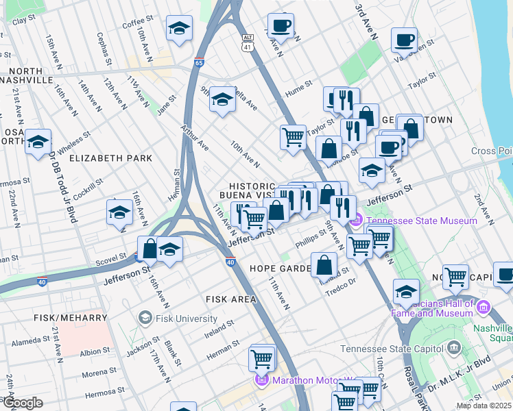 map of restaurants, bars, coffee shops, grocery stores, and more near 1003 Monroe Street in Nashville