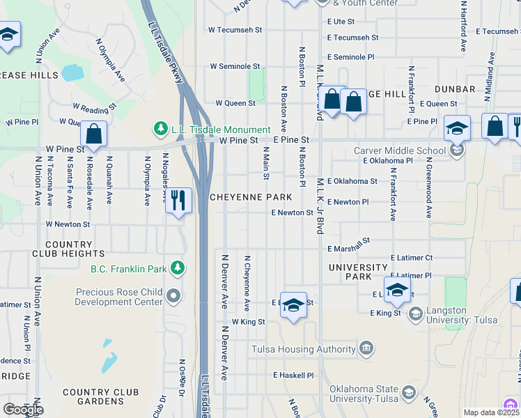 map of restaurants, bars, coffee shops, grocery stores, and more near 1320 North Main Street in Tulsa