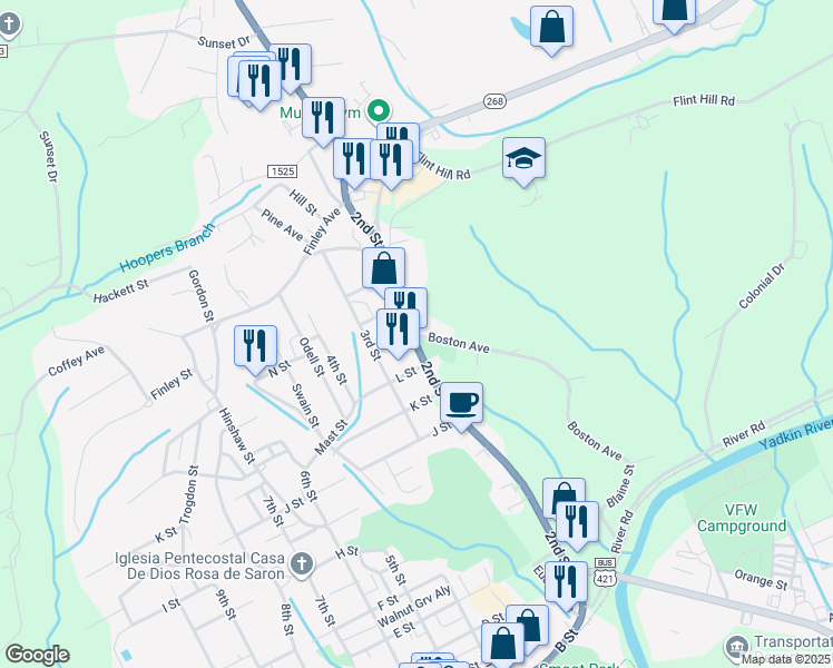 map of restaurants, bars, coffee shops, grocery stores, and more near 1302 2nd Street in North Wilkesboro