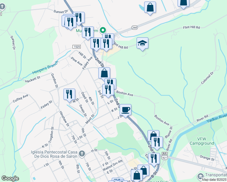 map of restaurants, bars, coffee shops, grocery stores, and more near 1302 2nd Street in North Wilkesboro