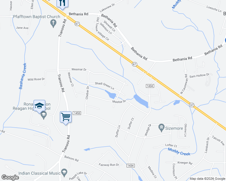 map of restaurants, bars, coffee shops, grocery stores, and more near 4318 Shadi Green Lane in Pfafftown