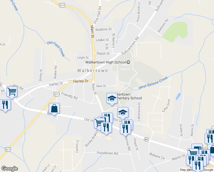 map of restaurants, bars, coffee shops, grocery stores, and more near 5157 New Street in Walkertown