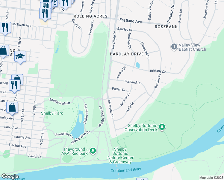 map of restaurants, bars, coffee shops, grocery stores, and more near 2812 Paden Drive in Nashville