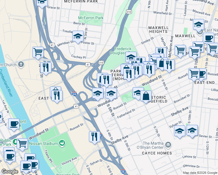 map of restaurants, bars, coffee shops, grocery stores, and more near 2220 Strickland Drive in Nashville