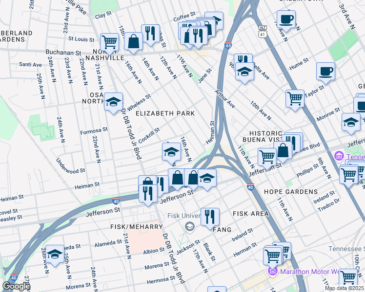 map of restaurants, bars, coffee shops, grocery stores, and more near 1511A 14th Avenue in Nashville