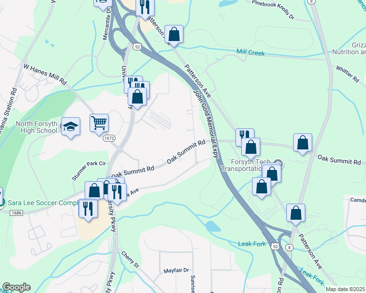 map of restaurants, bars, coffee shops, grocery stores, and more near 165 Oak Summit Road in Winston-Salem