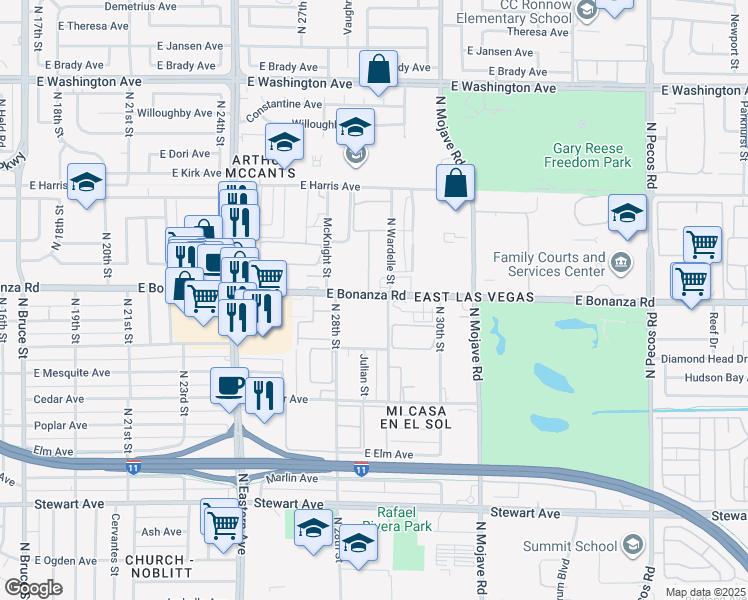 map of restaurants, bars, coffee shops, grocery stores, and more near 2851 East Bonanza Road in Las Vegas