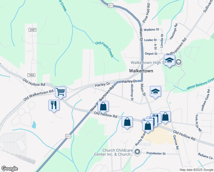map of restaurants, bars, coffee shops, grocery stores, and more near 5040 Harley Drive in Walkertown