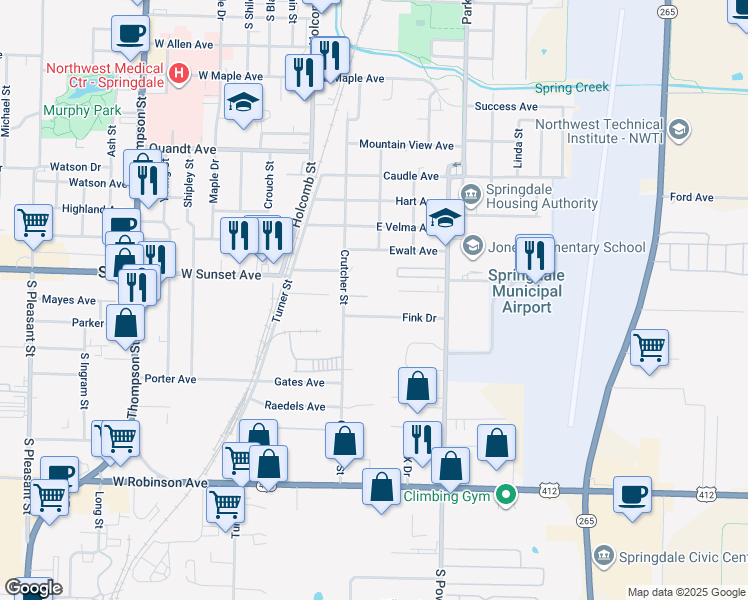 map of restaurants, bars, coffee shops, grocery stores, and more near 1021 Crutcher Street in Springdale