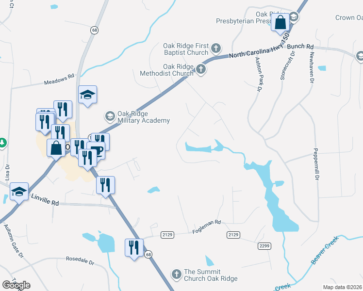 map of restaurants, bars, coffee shops, grocery stores, and more near 2338 Oak Ridge Road in Oak Ridge