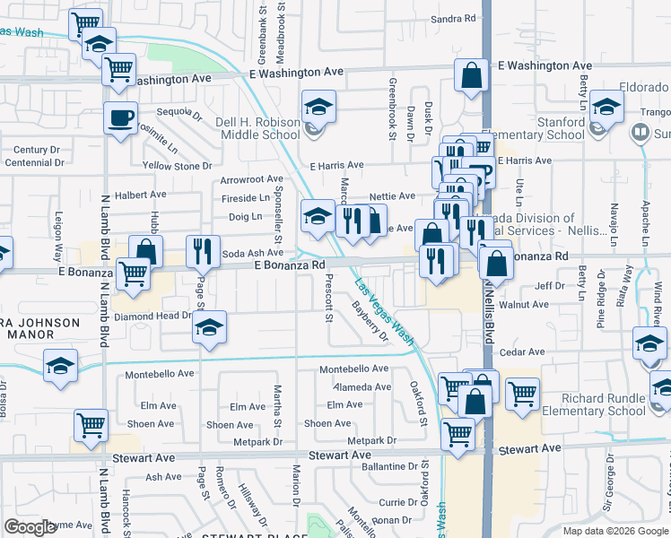 map of restaurants, bars, coffee shops, grocery stores, and more near 4802 Osborn Court in Las Vegas