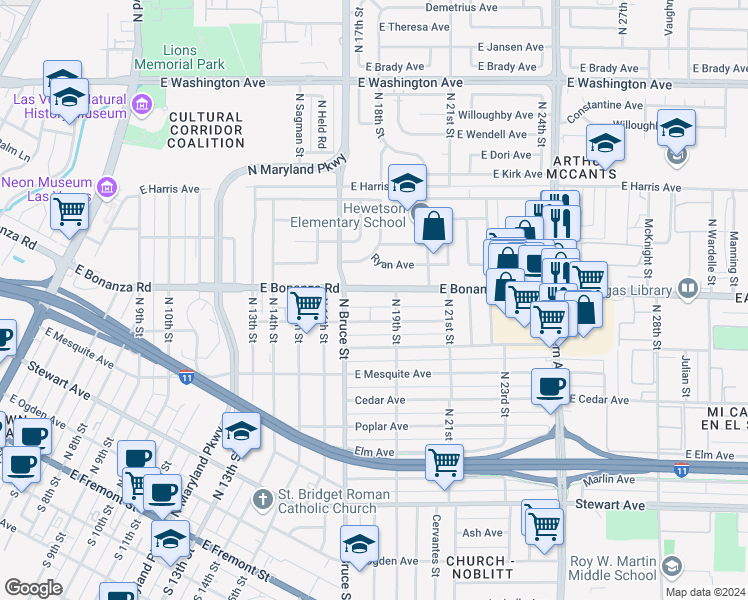 map of restaurants, bars, coffee shops, grocery stores, and more near 1809 East Bonanza Road in Las Vegas