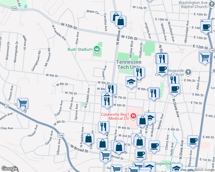 map of restaurants, bars, coffee shops, grocery stores, and more near 300 West 9th Street in Cookeville