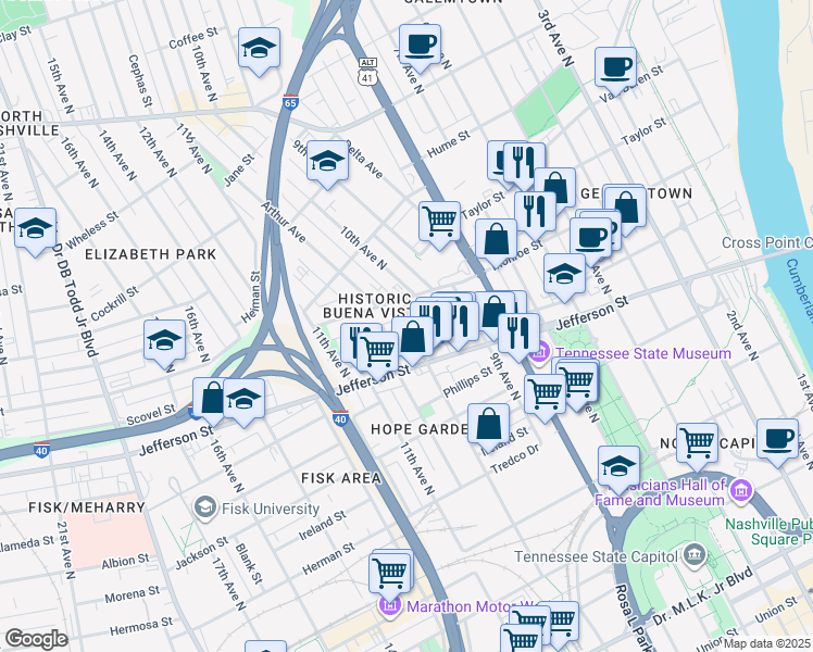 map of restaurants, bars, coffee shops, grocery stores, and more near 1003 Monroe Street in Nashville