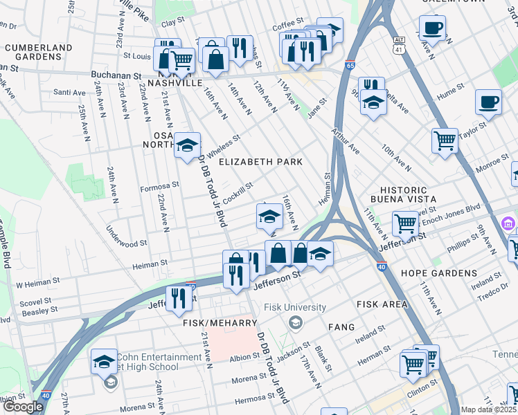 map of restaurants, bars, coffee shops, grocery stores, and more near 1704 Underwood Street in Nashville