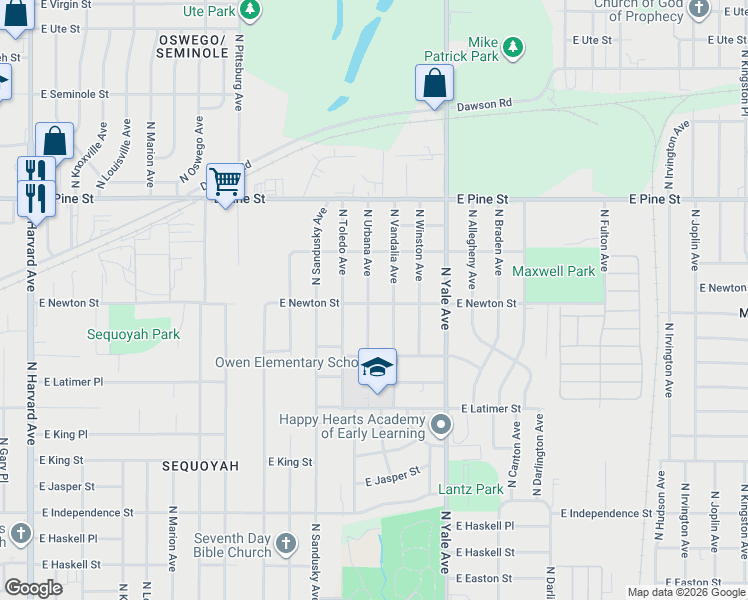 map of restaurants, bars, coffee shops, grocery stores, and more near 1316 North Vandalia Avenue in Tulsa