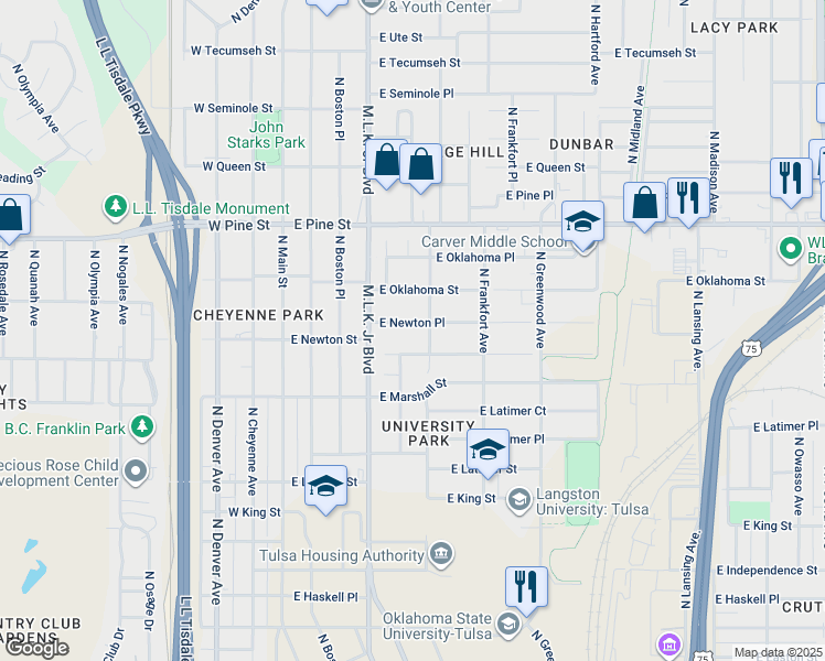 map of restaurants, bars, coffee shops, grocery stores, and more near 223 East Newton Place in Tulsa