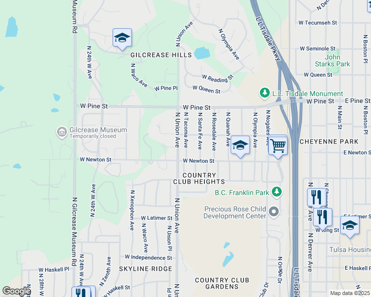 map of restaurants, bars, coffee shops, grocery stores, and more near 1333 North Union Avenue in Tulsa