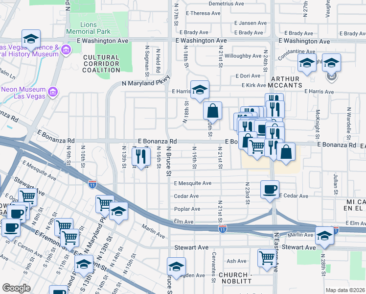 map of restaurants, bars, coffee shops, grocery stores, and more near 1824 East Bonanza Road in Las Vegas