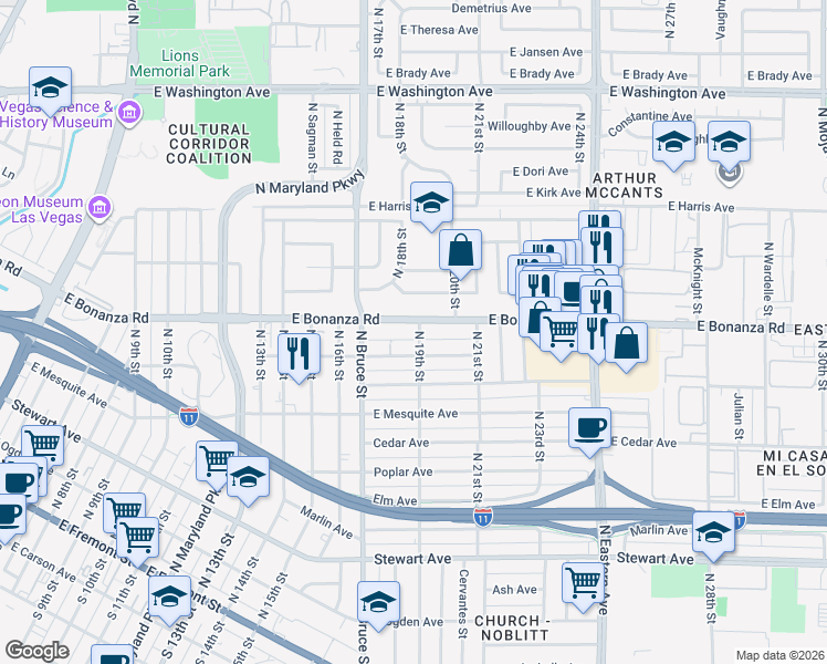 map of restaurants, bars, coffee shops, grocery stores, and more near 513 North 19th Street in Las Vegas