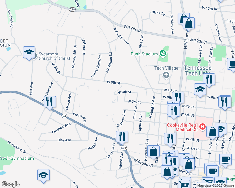 map of restaurants, bars, coffee shops, grocery stores, and more near 800 West 8th Street in Cookeville