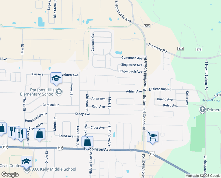 map of restaurants, bars, coffee shops, grocery stores, and more near 2866 Adrian Avenue in Springdale
