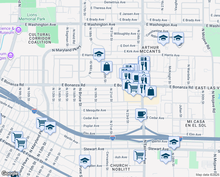 map of restaurants, bars, coffee shops, grocery stores, and more near 516 North 21st Street in Las Vegas