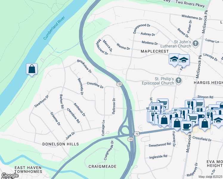 map of restaurants, bars, coffee shops, grocery stores, and more near 2205 Crestline Drive in Nashville