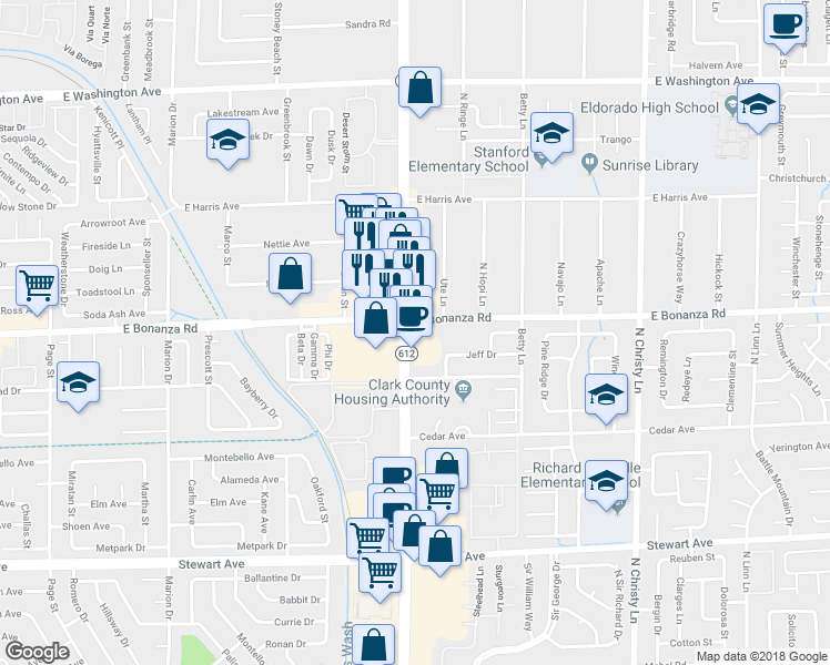 map of restaurants, bars, coffee shops, grocery stores, and more near 774 North Nellis Boulevard in Las Vegas
