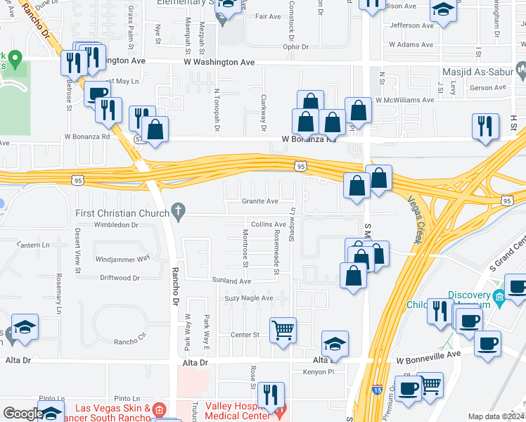 map of restaurants, bars, coffee shops, grocery stores, and more near 1904 West Mesquite Avenue in Las Vegas