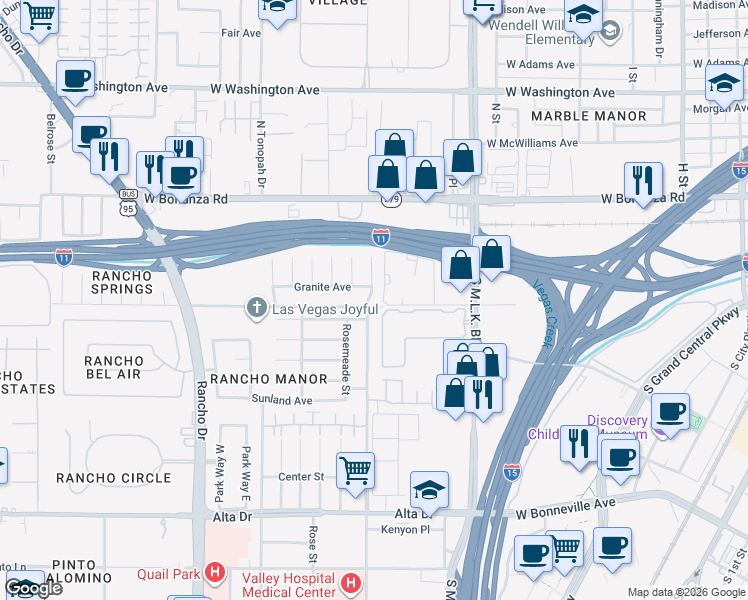 map of restaurants, bars, coffee shops, grocery stores, and more near 50 Shadow Lane in Las Vegas